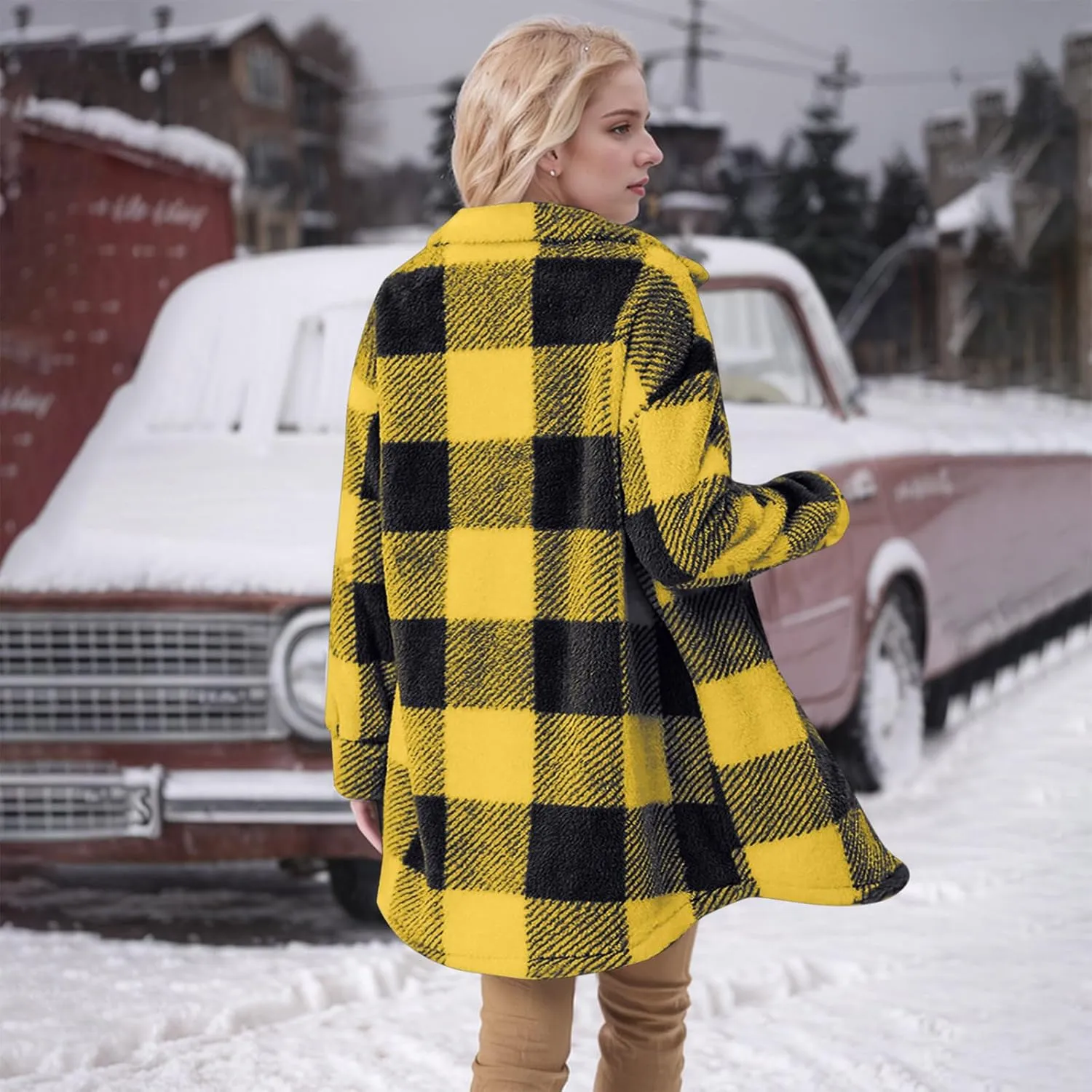 Womens Sherpa Jacket Lapel Button Flannel Jacket Shacket Soft Comfy Plaid Jacket Fleece Long Teddy Coat with Pockets