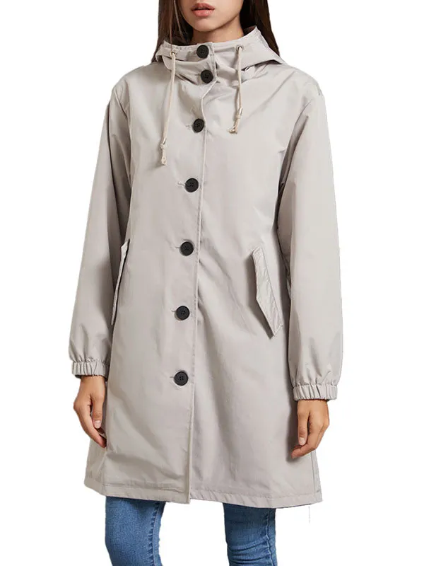 xakxx Long Sleeves Loose Buttoned Drawstring Elasticity Hooded Pockets Split-Back Waterproof High-Neck Trench Coats