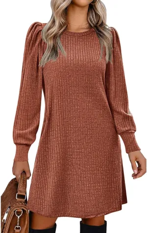 Zeagoo Women's Knit Dress with Puff Sleeves for Fall & Winter - Round Neck Casual Tunic Dress