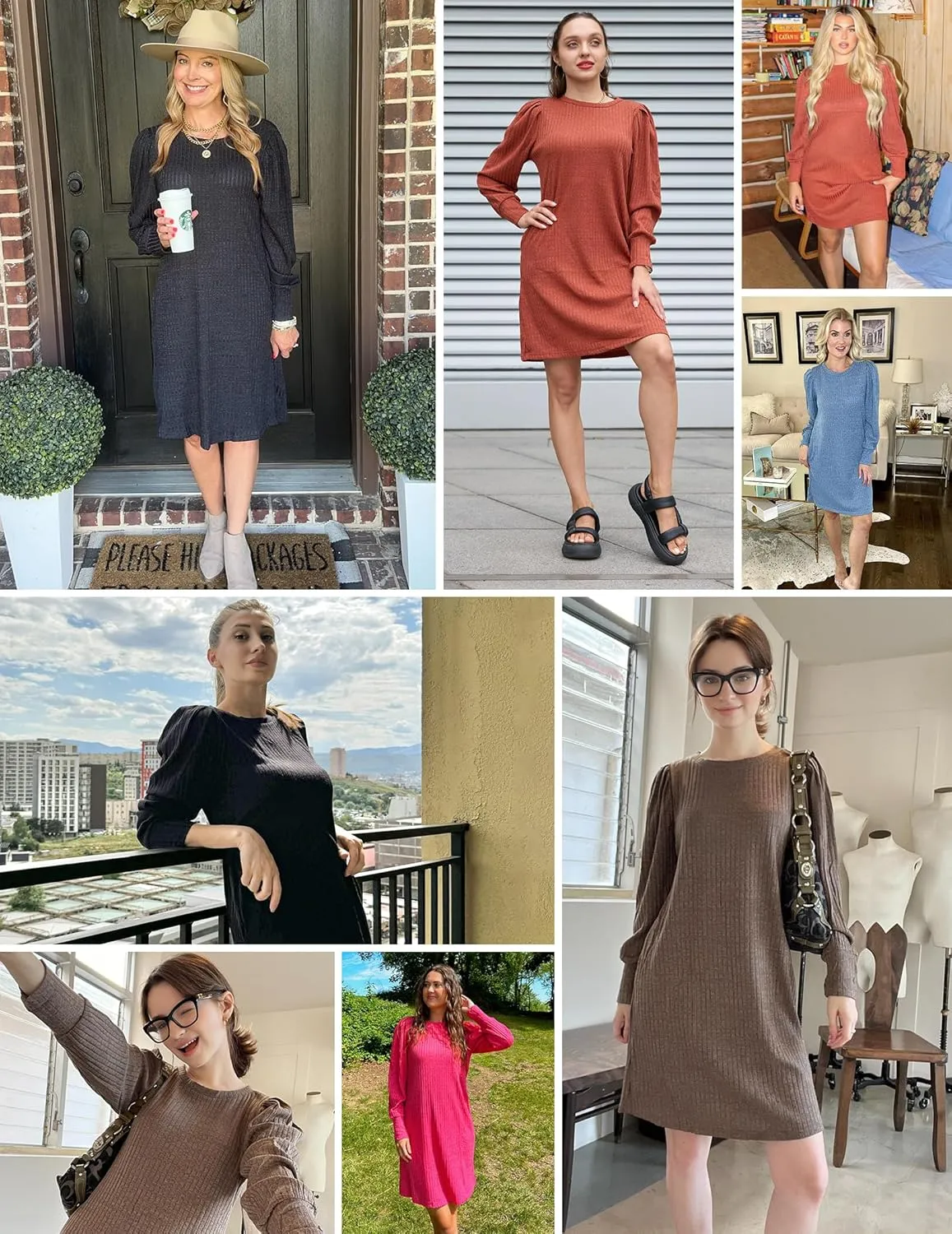 Zeagoo Women's Knit Dress with Puff Sleeves for Fall & Winter - Round Neck Casual Tunic Dress