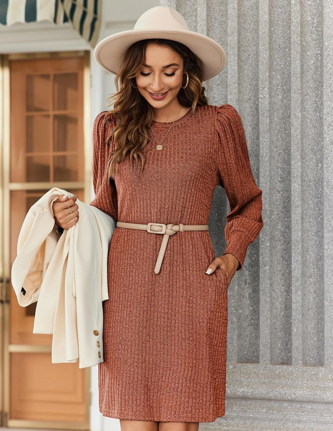 Zeagoo Women's Knit Dress with Puff Sleeves for Fall & Winter - Round Neck Casual Tunic Dress