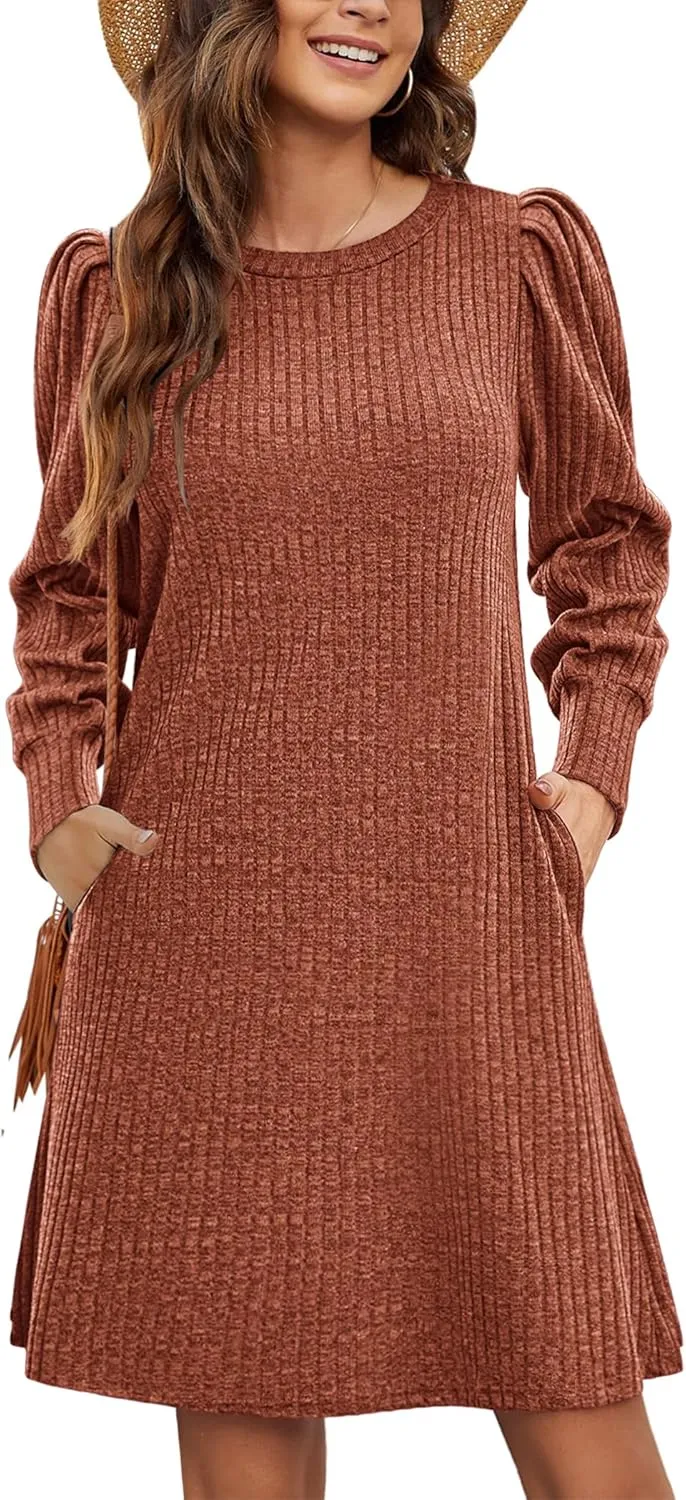 Zeagoo Women's Knit Dress with Puff Sleeves for Fall & Winter - Round Neck Casual Tunic Dress